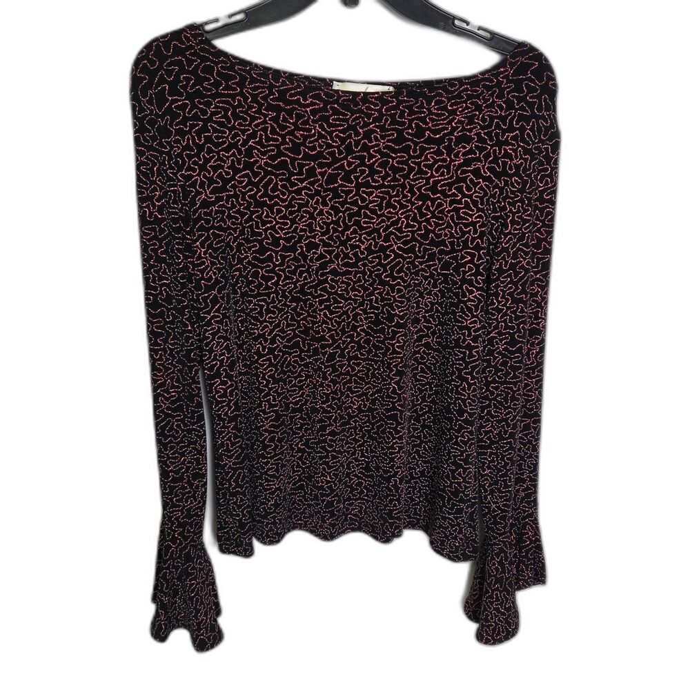 Ronni Nicole Black Metallic Swirl Top Flared Sleeves Size Medium